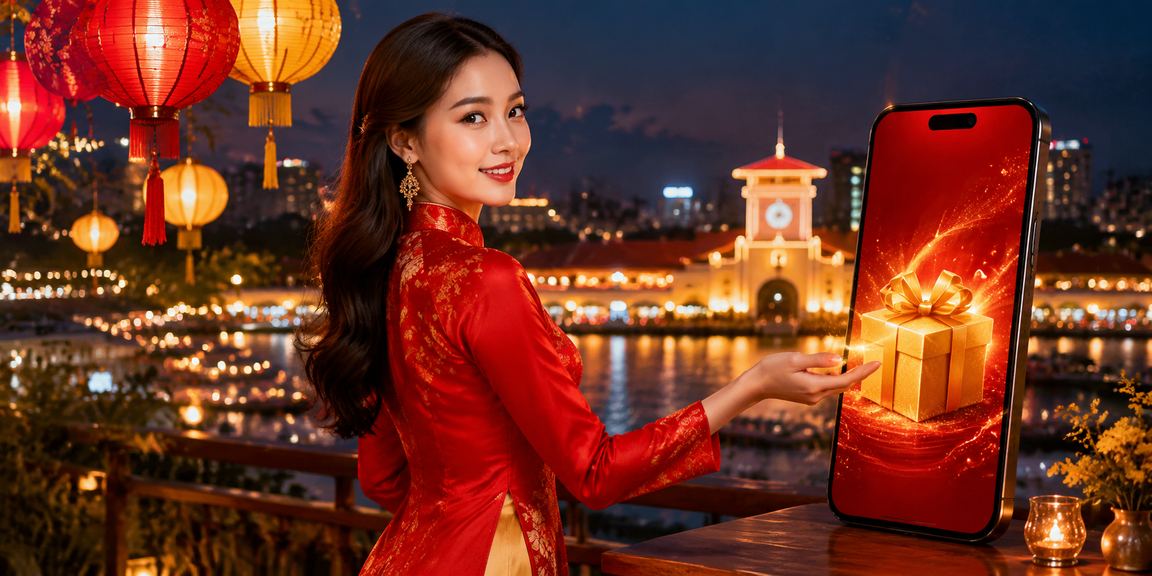 Người dùng TP.HCM mặc áo dài đăng ký tài khoản và nhận khuyến mãi trên điện thoại di động
