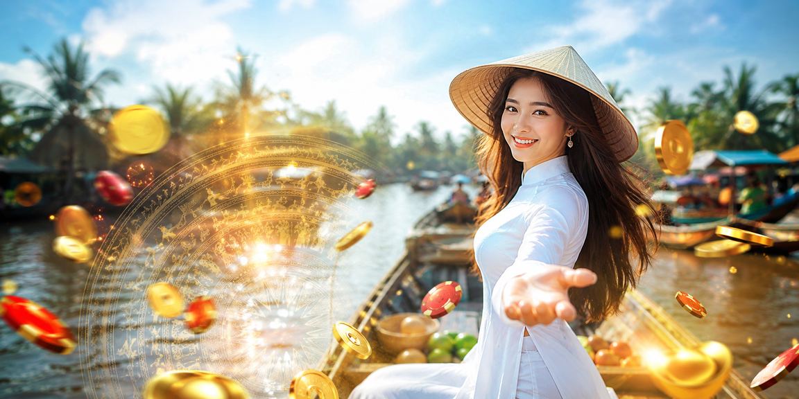 Người phụ nữ mặc áo dài bên sông Mekong thưởng thức giải trí casino trực tuyến buổi chiều